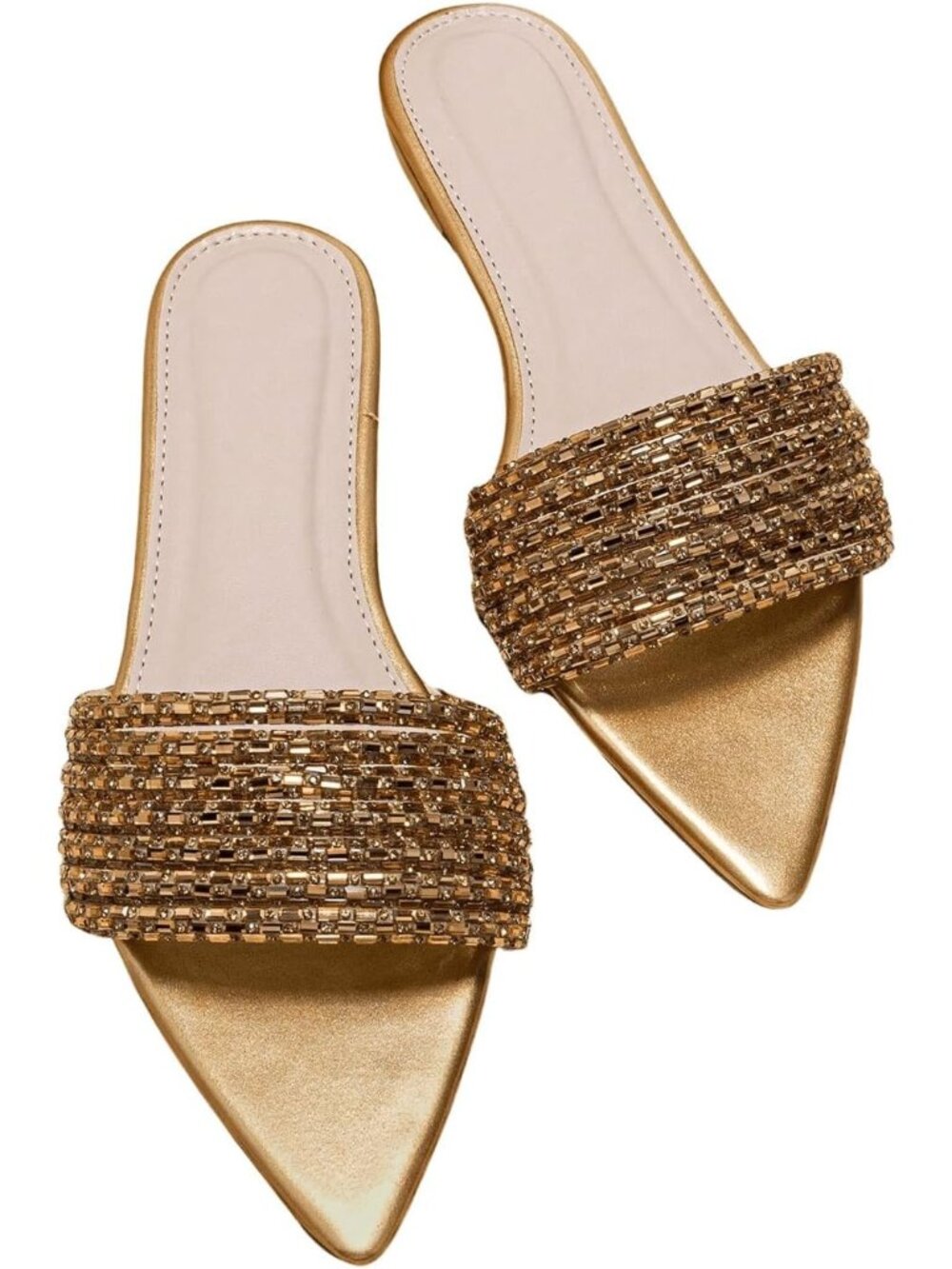 Women's Gold Rhinestone Sparkly Pointed Open Toe Imported Dressy Flat Sandals
